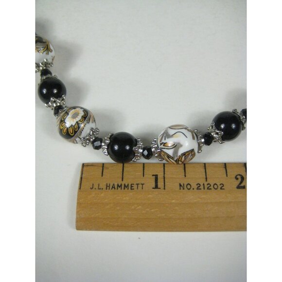 Beaded Necklace Plastic Black Floral Beads 20 Inches Silvertone - Picture 2 of 11